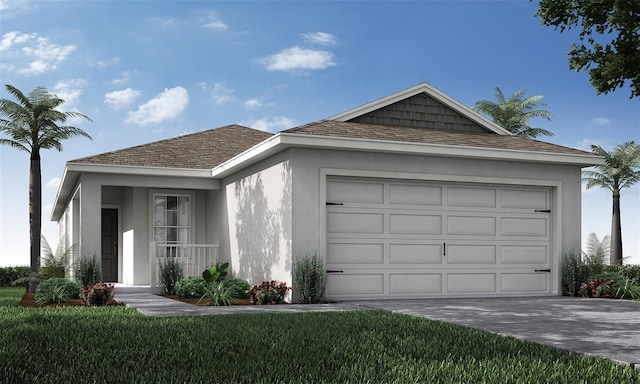 ranch-style house with a front yard and a garage