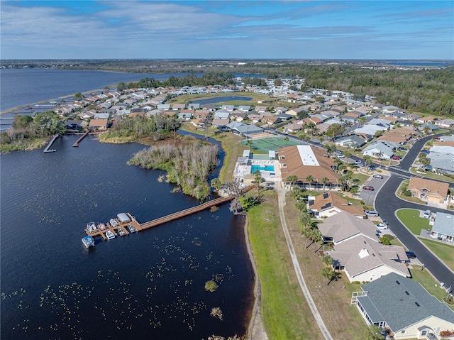 aerial view with a water view and a residential view