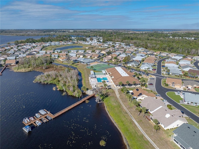 aerial view featuring a water view and a residential view