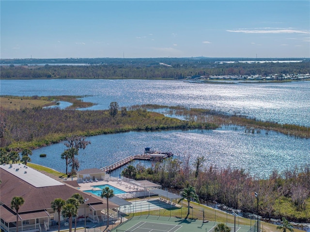 drone / aerial view with a water view