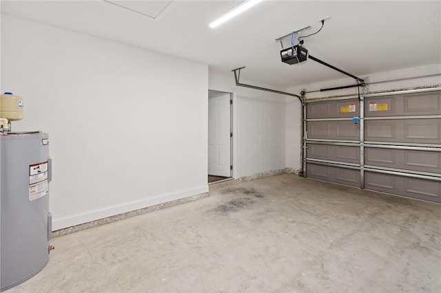 garage with water heater and a garage door opener