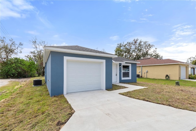 ranch-style home with central air condition unit and a front yard