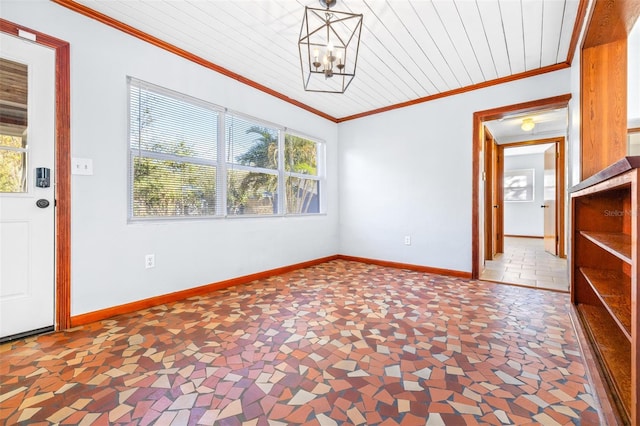 unfurnished dining area with ornamental molding, wood ceiling, and a chandelier