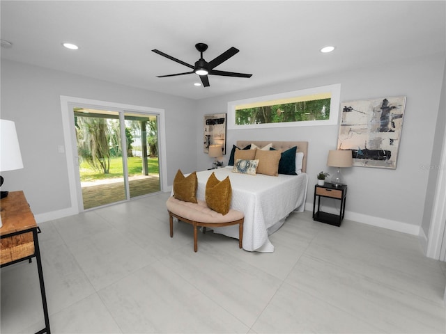 bedroom featuring ceiling fan and access to exterior