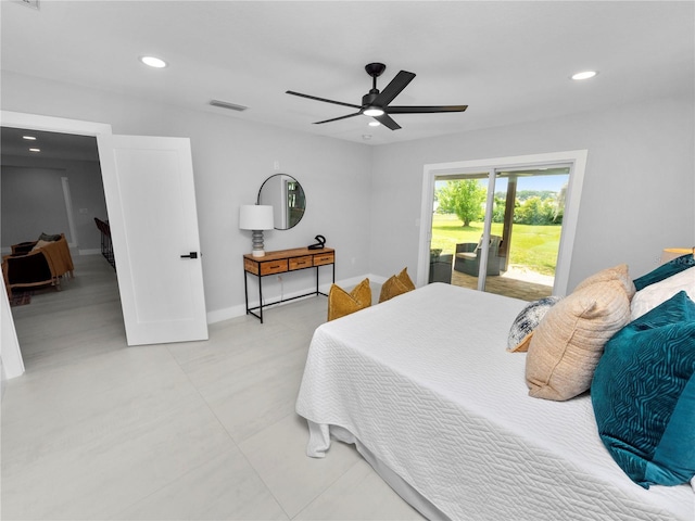 bedroom with ceiling fan and access to outside