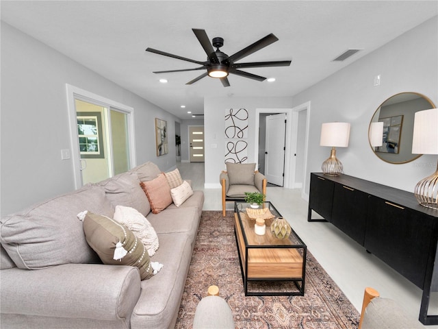 living room featuring ceiling fan