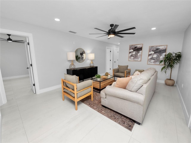 living room featuring ceiling fan