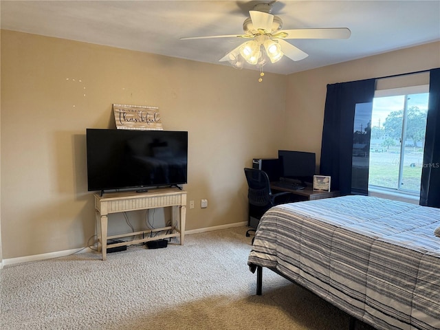 bedroom with ceiling fan and carpet flooring