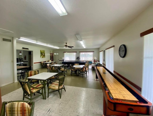 recreation room with ceiling fan