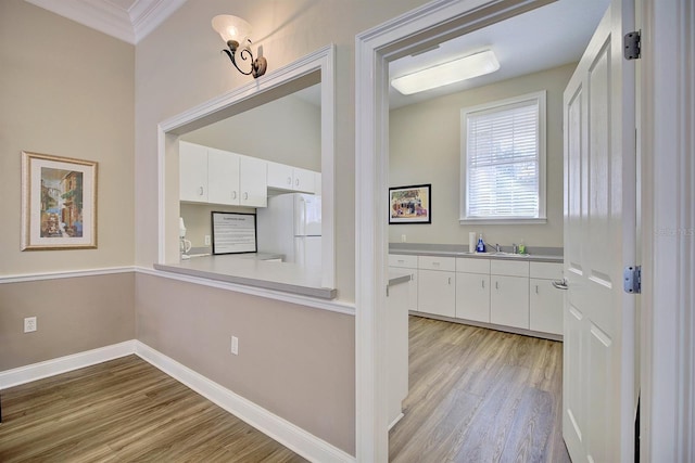 kitchen featuring light hardwood / wood-style floors, white cabinetry, white refrigerator, ornamental molding, and sink