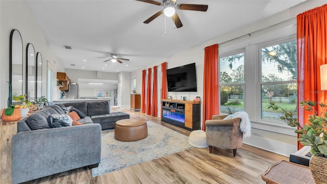 living room with ceiling fan and light hardwood / wood-style flooring