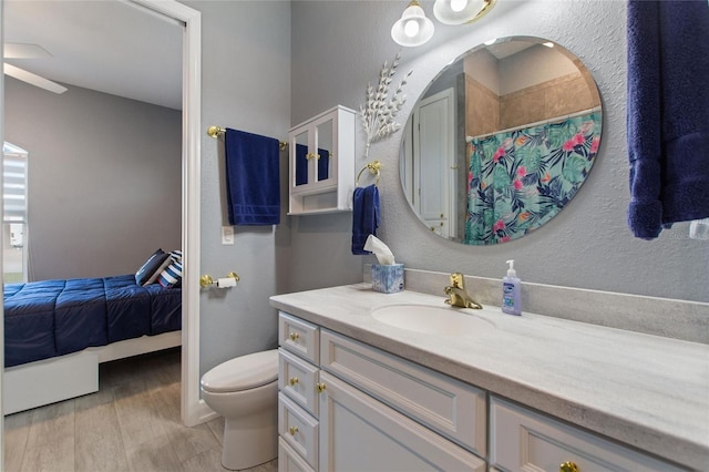 bathroom featuring wood-type flooring, toilet, and vanity