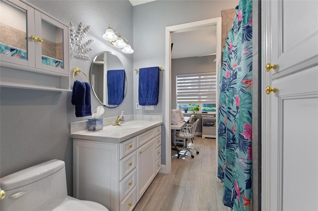 bathroom featuring hardwood / wood-style flooring, toilet, and vanity