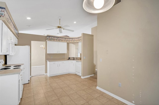 kitchen with white appliances, vaulted ceiling, white cabinetry, ceiling fan, and sink