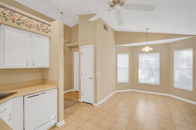 kitchen with dishwasher, vaulted ceiling, decorative light fixtures, white cabinetry, and ceiling fan