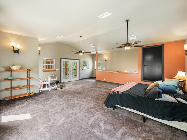 bedroom with ceiling fan, vaulted ceiling, french doors, and dark colored carpet