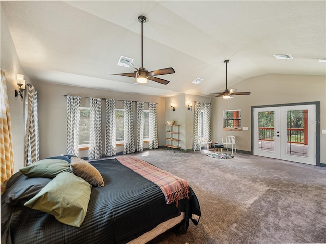 bedroom with ceiling fan, vaulted ceiling, access to outside, carpet flooring, and french doors