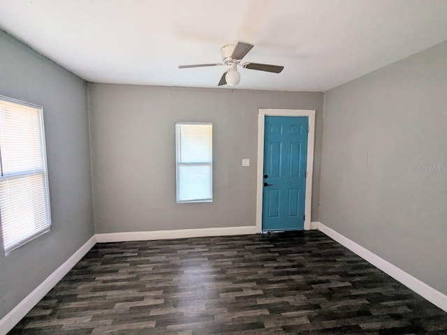 foyer featuring ceiling fan, dark wood-type flooring, and plenty of natural light