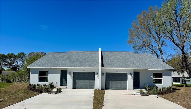 view of front of property featuring concrete driveway, a shingled roof, an attached garage, and stucco siding