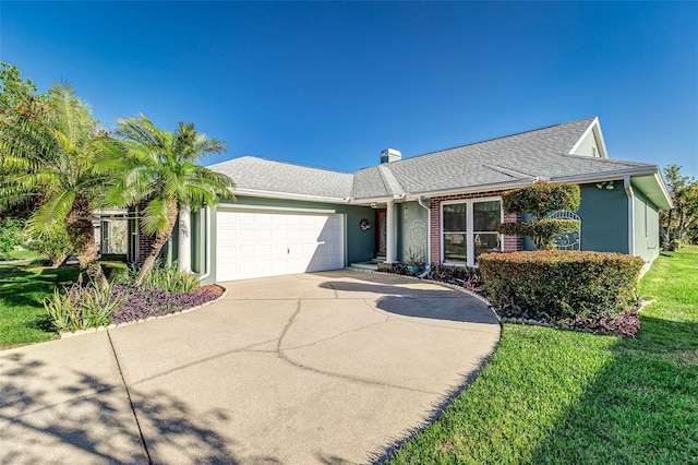 single story home featuring driveway, an attached garage, a shingled roof, stucco siding, and a front lawn