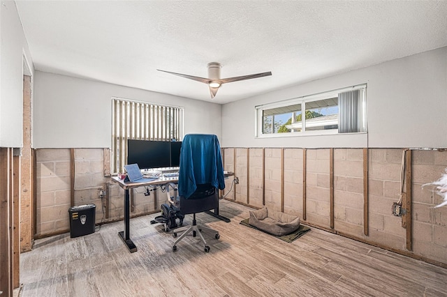 office space with a textured ceiling, ceiling fan, and light hardwood / wood-style flooring