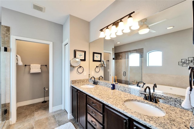 bathroom with shower with separate bathtub, vanity, and ceiling fan