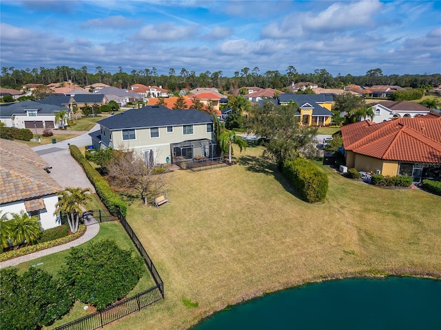 drone / aerial view featuring a water view