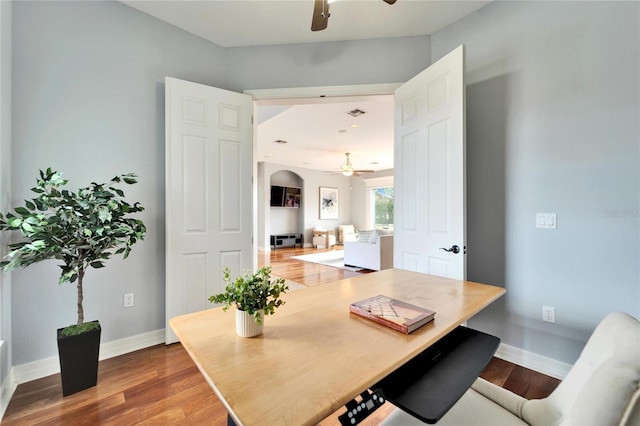 office space with hardwood / wood-style flooring and ceiling fan