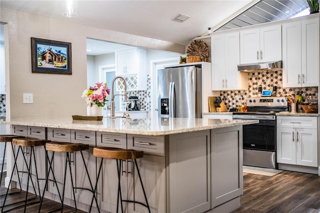 kitchen with white cabinetry, light stone countertops, appliances with stainless steel finishes, a textured ceiling, and dark hardwood / wood-style flooring