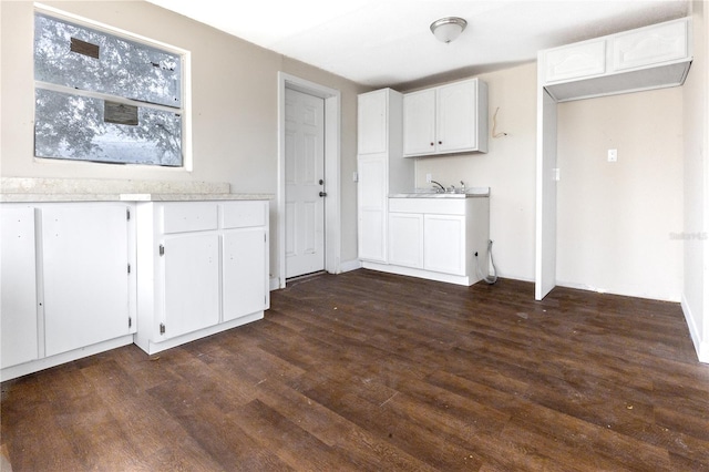 kitchen with dark wood-type flooring, white cabinetry, and sink