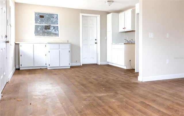 interior space featuring dark hardwood / wood-style flooring and white cabinetry