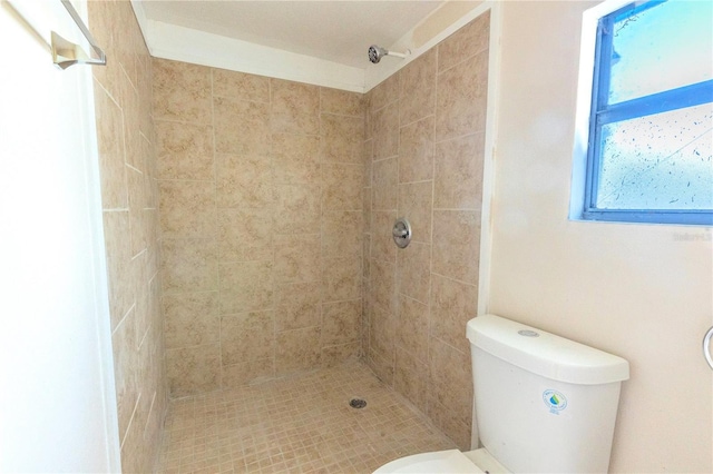 bathroom featuring toilet, a tile shower, and a healthy amount of sunlight