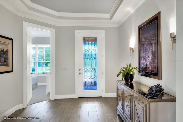 foyer featuring a tray ceiling and ornamental molding