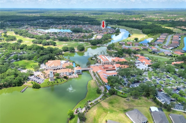 drone / aerial view featuring a water view