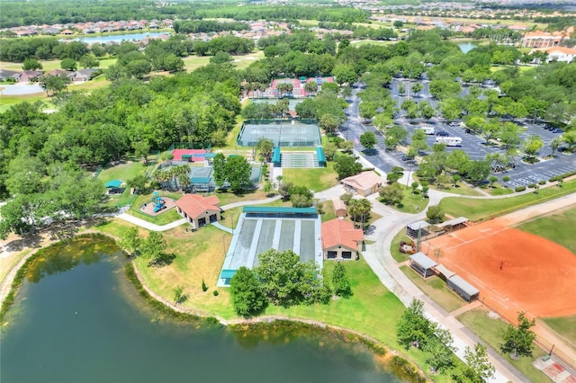 aerial view featuring a water view