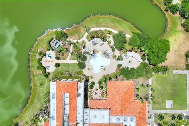 drone / aerial view featuring a water view