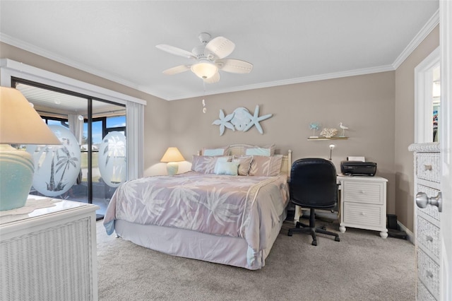 bedroom featuring ceiling fan, crown molding, light carpet, and access to outside