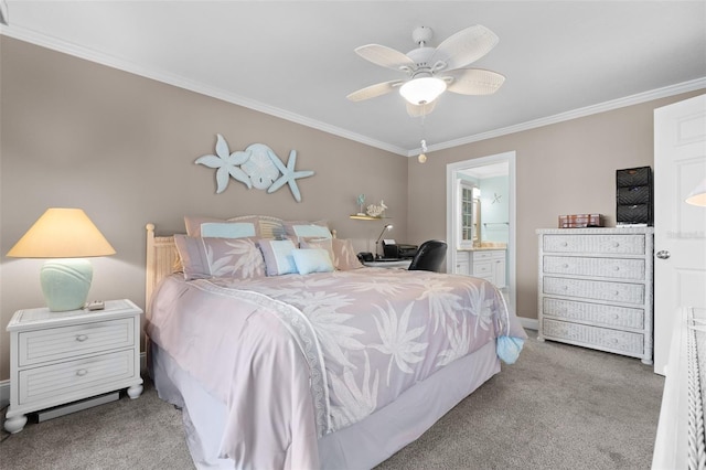 carpeted bedroom with ceiling fan, crown molding, and connected bathroom