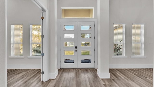 entrance foyer featuring a wealth of natural light, light hardwood / wood-style floors, and french doors