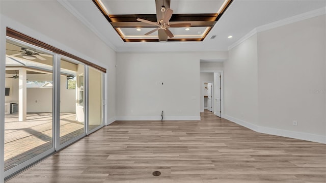 empty room with crown molding, light hardwood / wood-style flooring, ceiling fan, beam ceiling, and coffered ceiling