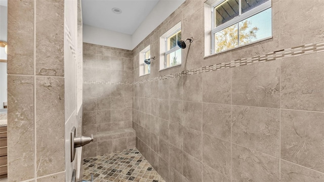 bathroom with vanity and tiled shower