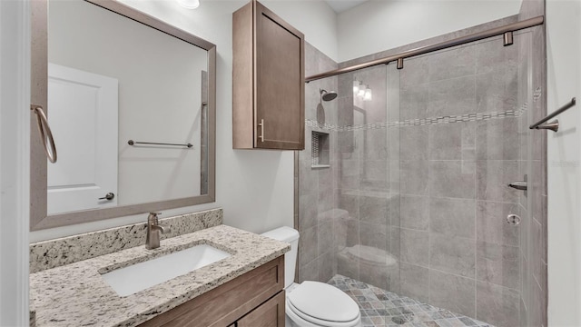 bathroom with vanity, toilet, and a shower with shower door