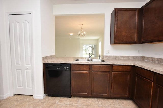 kitchen with decorative light fixtures, a notable chandelier, sink, black dishwasher, and dark brown cabinets