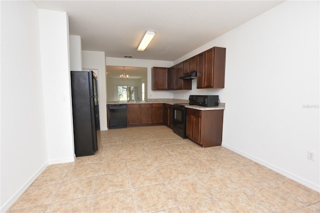 kitchen with sink, a textured ceiling, black appliances, and a notable chandelier