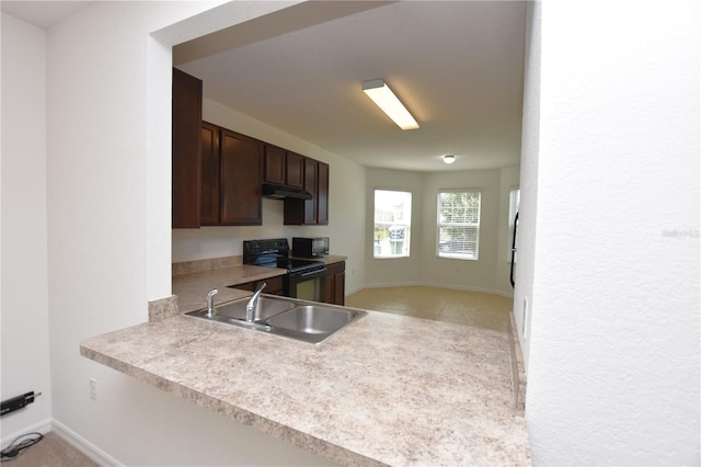 kitchen featuring dark brown cabinetry, electric range, and sink