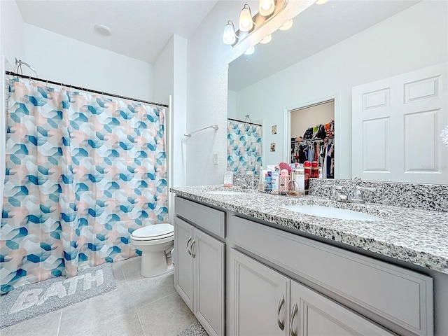 bathroom featuring toilet, vanity, and curtained shower