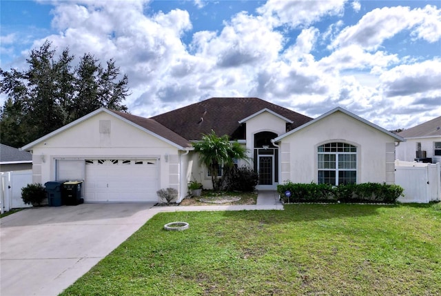 ranch-style house featuring a garage and a front yard