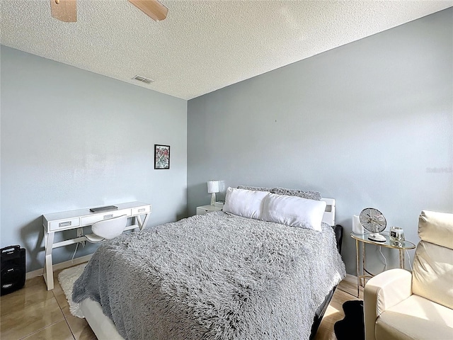 bedroom with a textured ceiling and ceiling fan