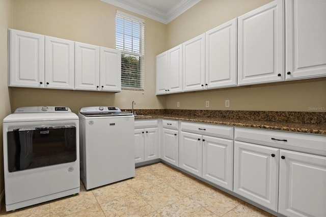 1665 Blue Heron Ln, Lakeland, FL 33813 - washroom with ornamental molding, washer and dryer, and cabinet space