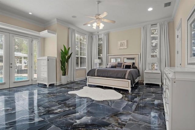 1665 Blue Heron Ln, Lakeland, FL 33813 - bedroom with dark marble finish floors, french doors, access to outside, ornamental molding, and recessed lighting